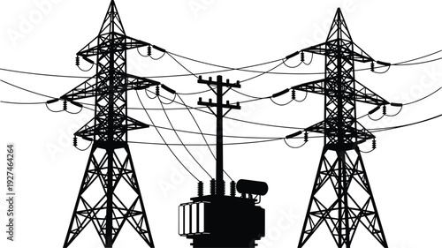 High voltage transmission towers and power transformer, electricity distribution infrastructure isolated black vector illustration