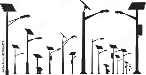 Black streetlights on white background in various heights arrangement