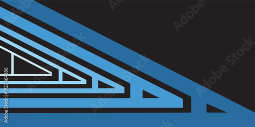 Abstract geometric design with blue diagonal lines and triangular shapes on a dark background, resembling a structural truss.