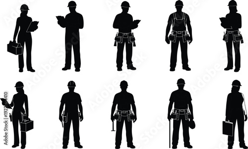 Construction worker silhouettes set, professional builders and engineers with tools, helmet and clipboard, isolated black vector illustration collection