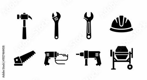 Tools Construction Icons Set Featuring Various Handyman and Building Equipment