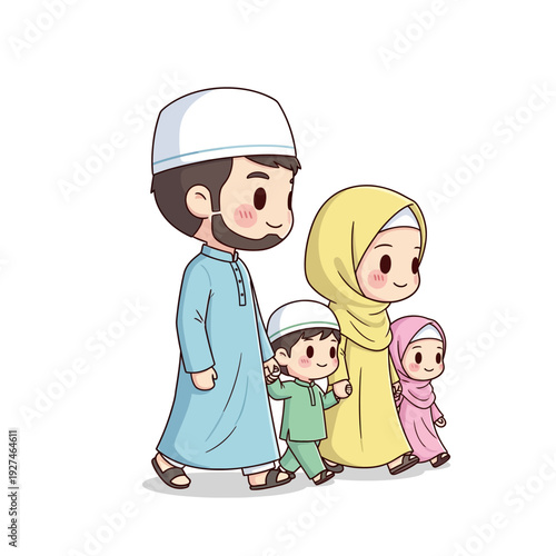 Muslim family walking together happily outdoors.