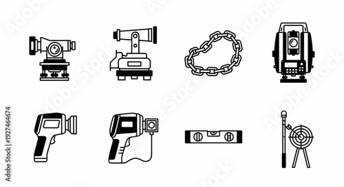 Surveying Instruments Tools and Measurement Equipment Vector Line Art Icons Set Representing Various Professional Devices