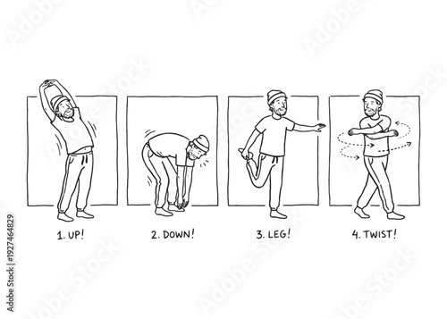 Man stretching his body doing various simple exercises vector illustration for workout