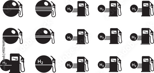 Hydrogen Fuel Cell Icons and Gas Pump Illustrations