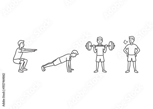 Workout sequence for man showing different strength training exercises doodle illustration