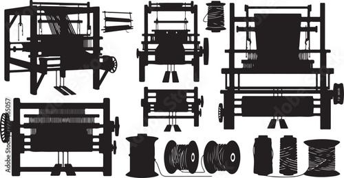 Silhouettes of various textile machinery and equipment in use