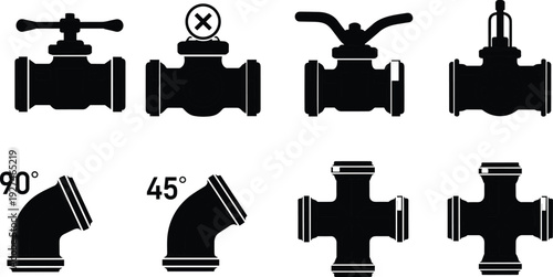 Industrial pipe fittings silhouettes set, valves elbows tees crosses connectors plumbing components isolated black vector illustration collection