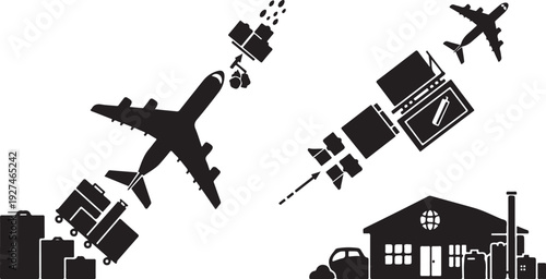 Logistics and transportation concept with airplanes and packages flying