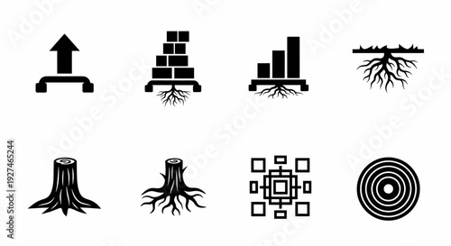 Roots and Foundation Concept Icons Growth Development Structure and Connection Symbols