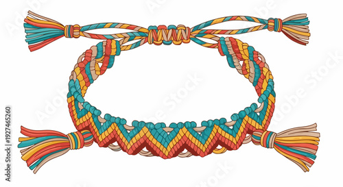Colorful woven zigzag pattern friendship bracelet with tassels on white background symbolizing friendship and unity