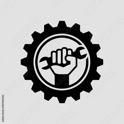 Industrial Strength Symbol With Gear And Hand Holding Wrench For Maintenance And Repair Services
