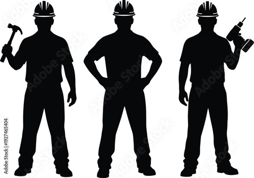 Construction worker silhouette set, builder with helmet holding hammer and drill isolated black vector illustration collection
