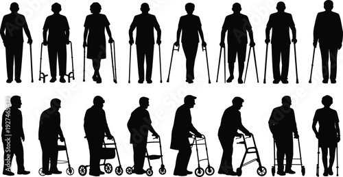 Elderly people with walking aids silhouettes set, seniors using cane and walker, isolated black vector illustration collection