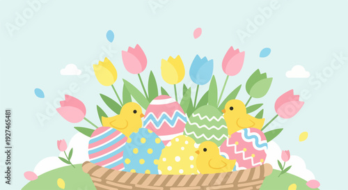 Colorful easter eggs and chicks in a wicker basket surrounded by tulips and confetti on a pastel background