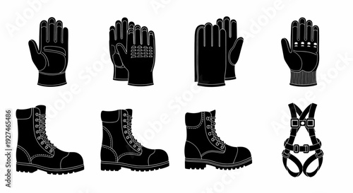 Safety Personal Protective Equipment Collection Featuring Work Gloves Boots and a Full Body Harness
