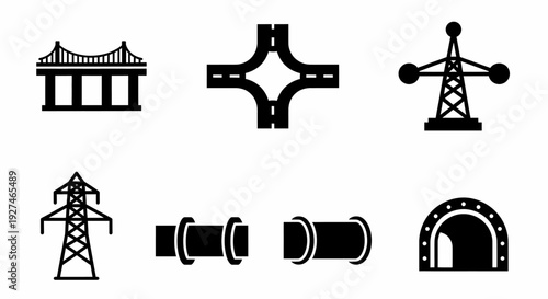 Infrastructure Concept Icons Set Featuring Bridge Road Power Tower Pipe and Tunnel Elements