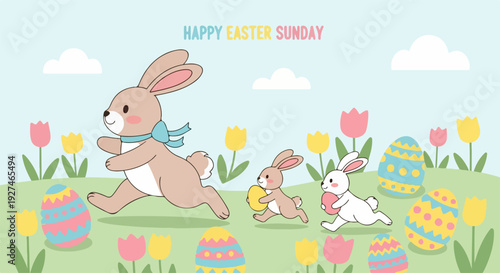 Three easter bunnies running on green grass with colorful eggs and tulips