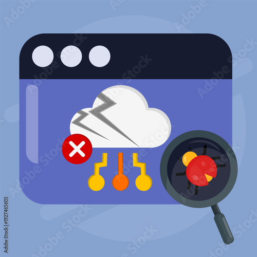 Cloud security threat concept with malware detection, system error warning, and cyber attack risk monitoring on web interface with digital network protection symbols
