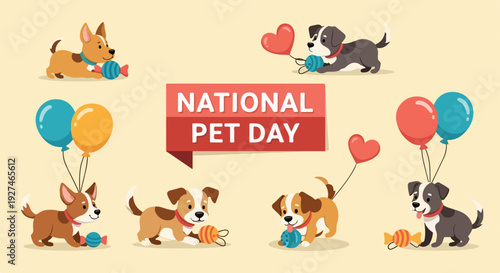 National pet day celebration with playful dogs and cute puppies balloons and hearts on a beige background