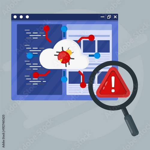 Cloud system infected by bug with warning alert and magnifier, representing malware detection, cybersecurity threat, data breach and online security risk.