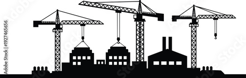Construction site with tower cranes lifting buildings, industrial city development silhouette black vector illustration isolated