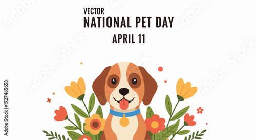 Happy dog in colorful flowers for national pet day on april 11 celebrating pets and friendship with a cute brown and white canine