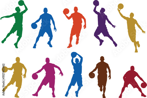 Basketball player silhouette set, colorful sport action poses isolated on white background athletic illustration collection