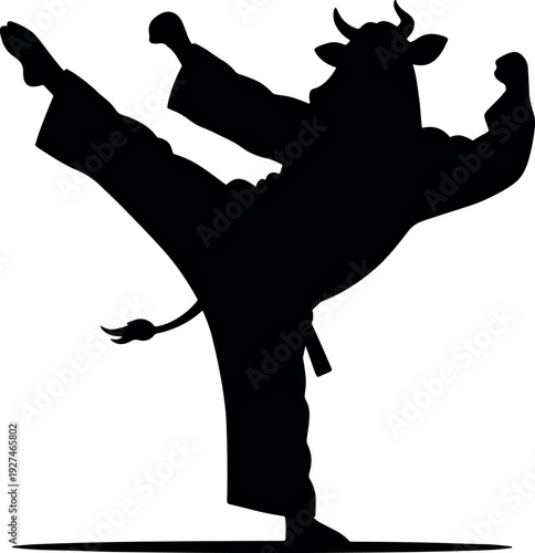 Silhouette of a Bull Performing a High Kick in Dynamic Pose on White Background