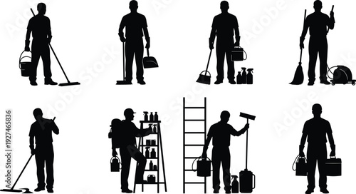 Cleaning service worker silhouettes set, janitor with mop, bucket and supplies, isolated black vector housekeeping collection