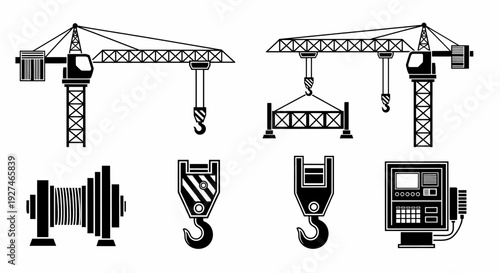 Crane Industrial Construction Heavy Machinery Equipment Icons Set
