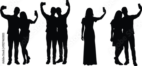 Couple taking selfie silhouettes set, young people hugging and photographing with smartphone, isolated black vector lifestyle illustration