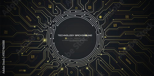 Circuit board background. Technology connected gold lines with electronics elements on technology background.	