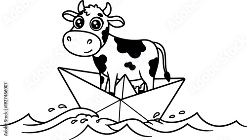Cute Cow Cartoon Floating on Paper Boat in Water for Children's Illustration