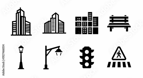 City Urban Elements Icons Collection with Buildings Traffic Lights and Street Furniture
