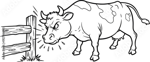 Angry Cow Bumping Into Wooden Fence in Simple Black and White Illustration