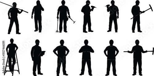 Construction workers with tools and ladder, professional builder silhouettes black vector illustration isolated on white background