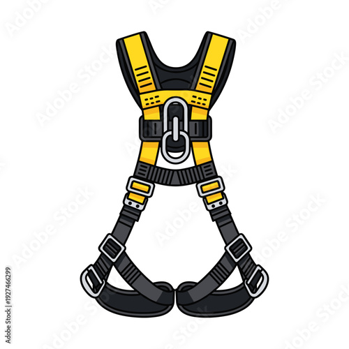 Bright yellow and black fall harness with buckles, isolated on white background, showcasing safety gear design