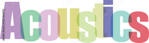 Acoustics text in bright pastel colors with 3d effect, representing sound waves and study of sound, ideal for science and education presentations.