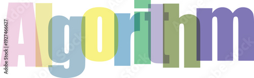 Algorithm word in soft pastel colors, 3d letters depicting computational processes and coding, great for technology and science education materials.