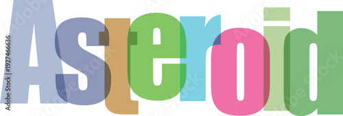 Asteroid word art with overlapping letters in multiple colors and on transparent background with shadow effect