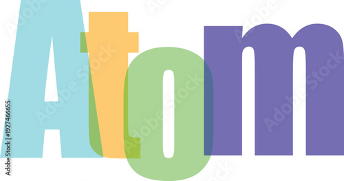 Atom text in multicolored letters represents fundamental unit of matter, science education, and atomic structure with transparent background