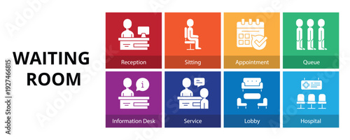 Waiting Room Glyph Solid Banner Web Icon Set Vector Illustration