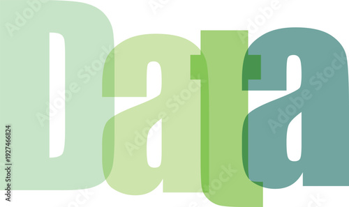 Data word in large translucent green letters, modern typography with 3d depth on transparent grid background, technology concept