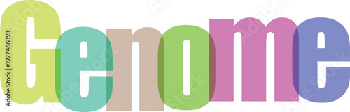 Genome text illustration with vibrant overlapping letters and drop shadows, exploring life's blueprint