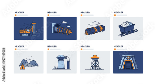 Collection of mining industry related illustrations showcasing various equipment and structures.