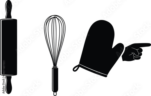 Baking tools set silhouette with rolling pin whisk and oven mitt for kitchen cafe bakery cooking classes and homemade pastry shop