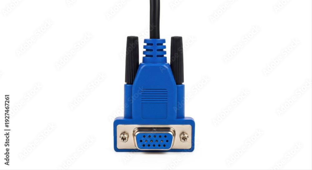 Fototapeta premium Blue VGA adapter with cable isolated on a clean white background, showcasing its connector pins and sturdy design in a centered composition