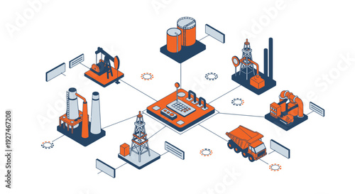 Industrial network with various production and extraction facilities connected.