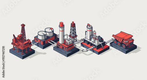 Industrial oil and gas production facilities with interconnected pipelines.